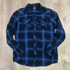Rock & Republic Mens L Blue Black Plaid Flannel Cotton Long Sleeve Button Up